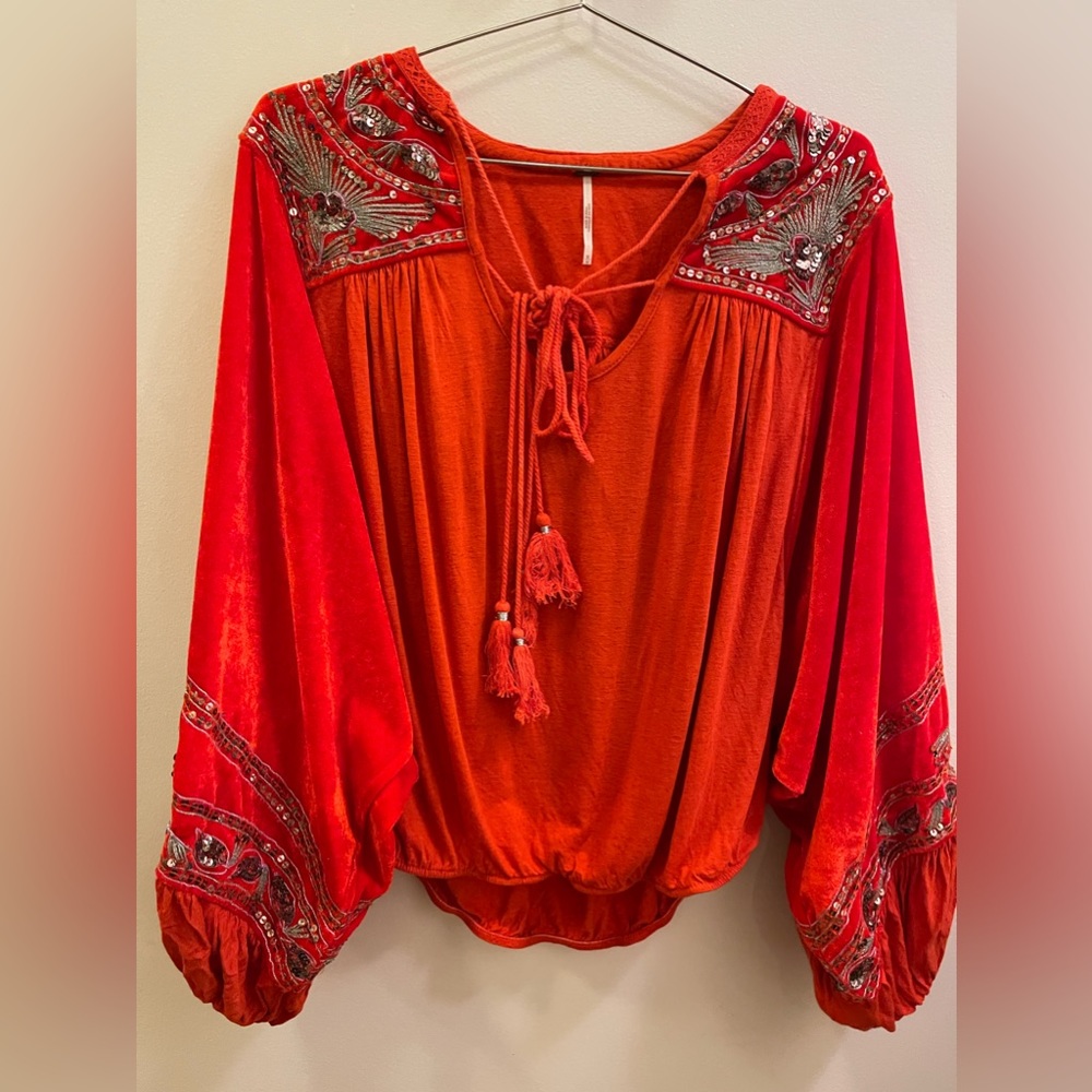 Free People Red and Orange Embroidered Top